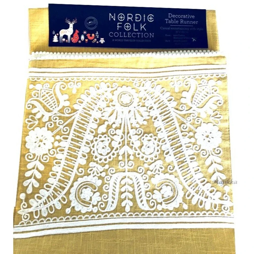 Nordic Folk Collection Embroidered Table Runner Yellow White 100% Cotton 72x14
